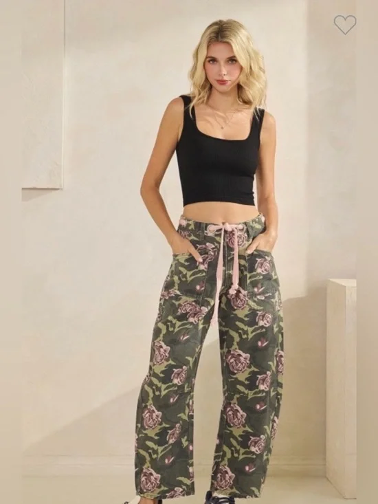 Floral Wide-Leg Barrel Pants or Jeans- Olive with Pink Roses - Picture 1 of 7